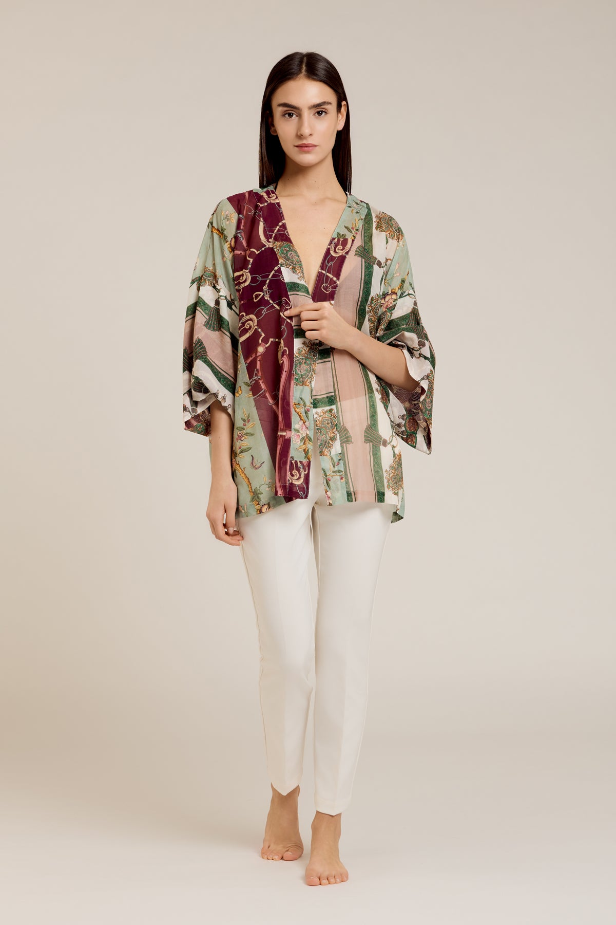 Rodi — Kimono corto ampio in cotone e seta con stampa barocca bordeaux, verde e cipria