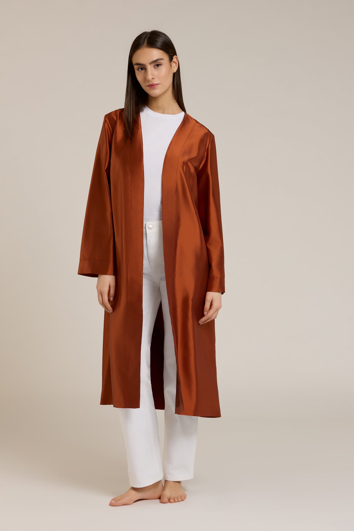 Aurea lume— Kimono slim in misto seta, ruggine lucida