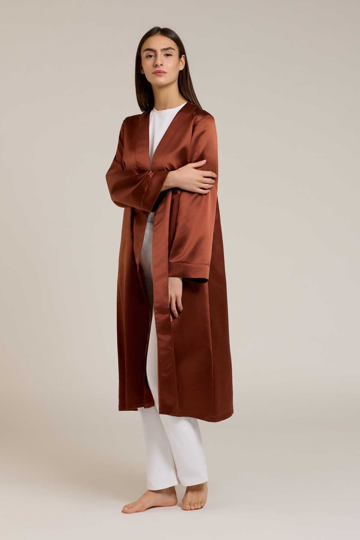 Aurea — Kimono slim in misto seta, ruggine lucida