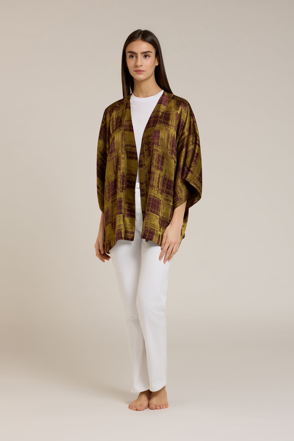 Almeria — Kimono corto ampio in viscosa e acetato con motivo geometrico verde oliva e bordeaux