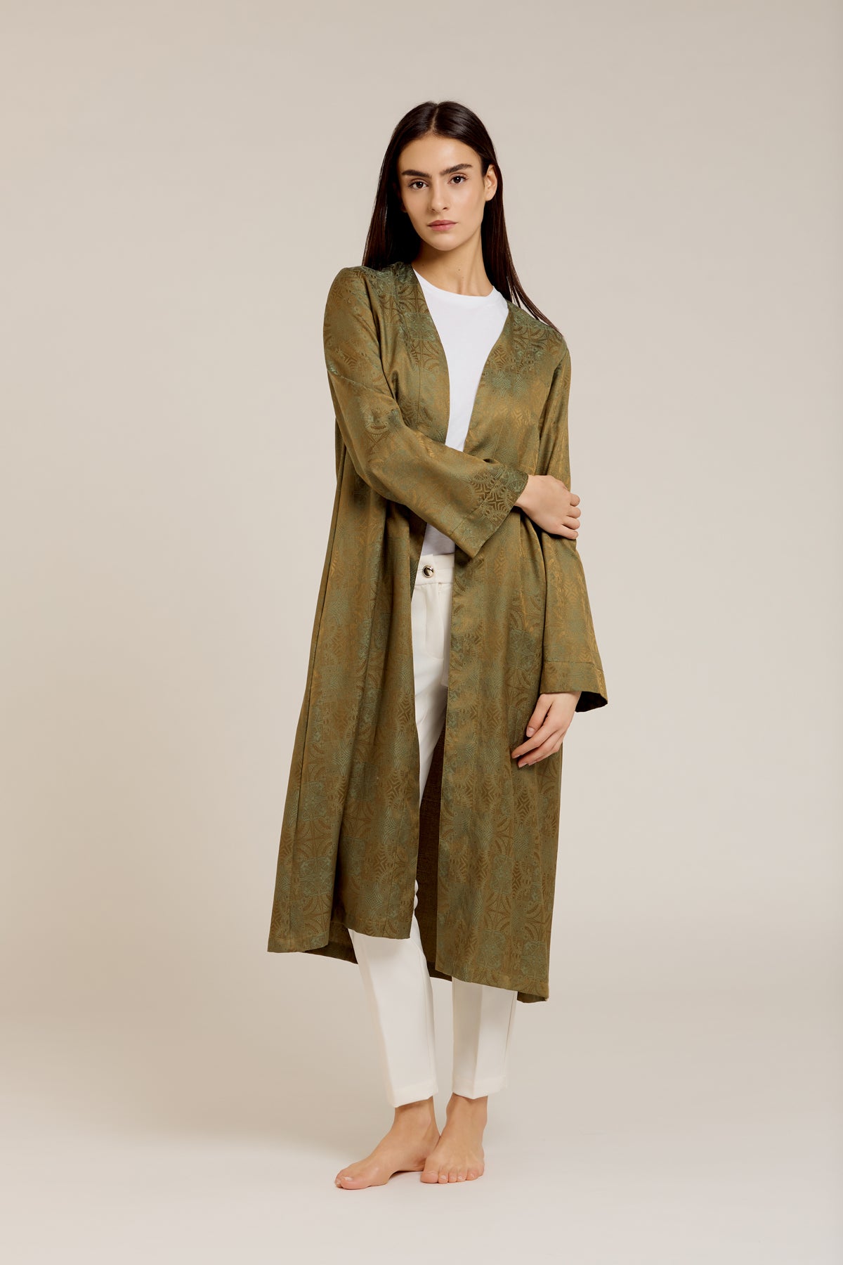 Olivo — Kimono slim in misto seta jacquard, verde oliva tono su tono
