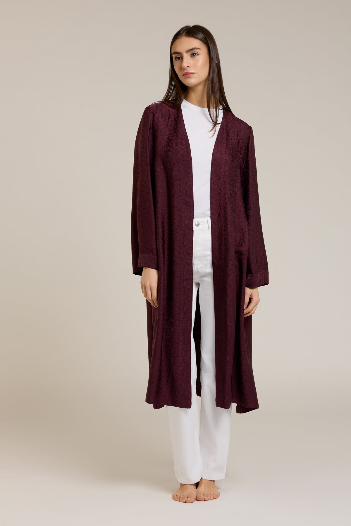 Scorpio — Kimono slim in seta jacquard floreale, borgogna tono su tono