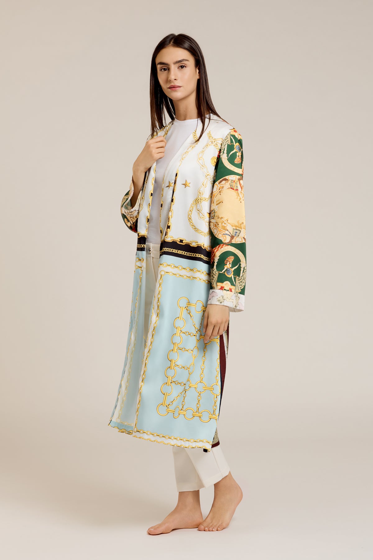 Libra — Kimono slim in viscosa con stampa barocca multicolore