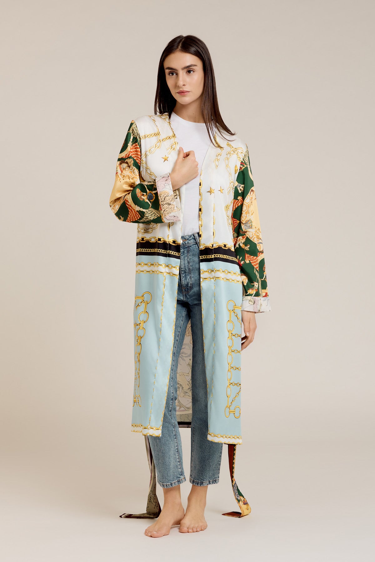Selene Libra — Kimono slim in viscosa con stampa barocca multicolore