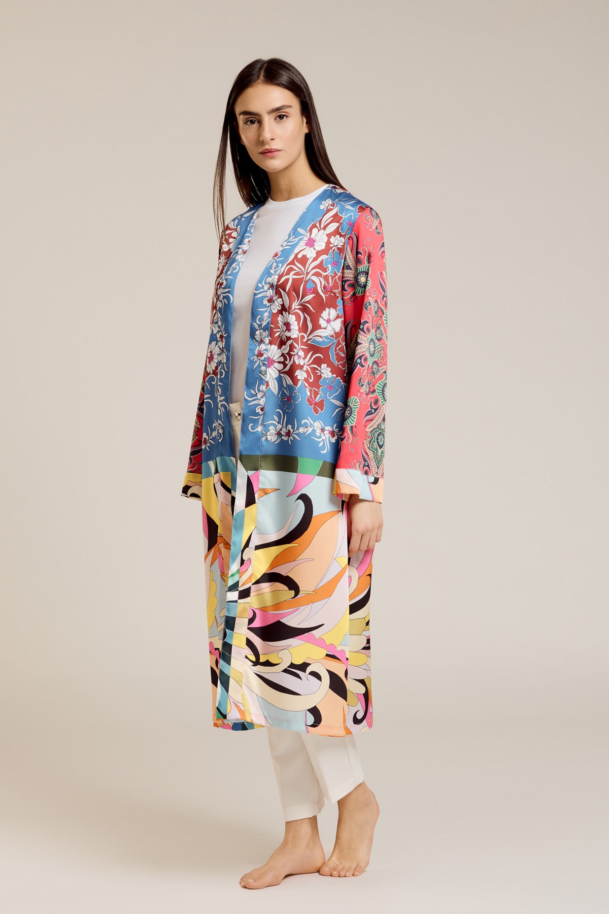 Iris Jardin — Kimono slim in viscosa con stampa floreale multicolore a pannelli