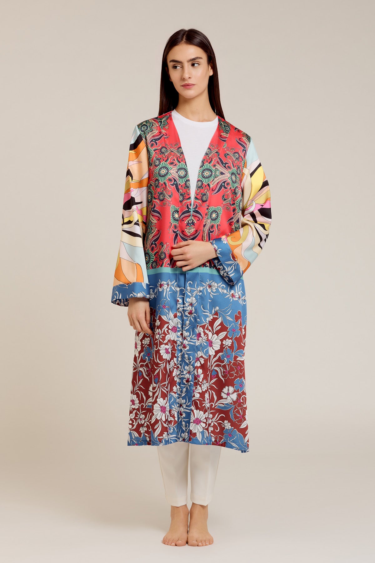 Iris Nuit — Kimono slim in viscosa con stampa floreale multicolore a pannelli